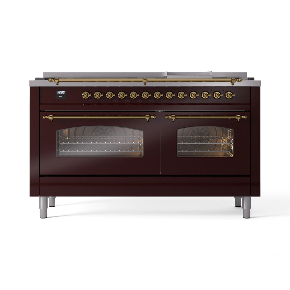 ILVE Nostalgie II 60-Inch Natural Gas Dual Fuel Range, 9 Burners, Griddle, Triple Glass Door, Burgundy with Brass Trim (UP60FNMPBUG)