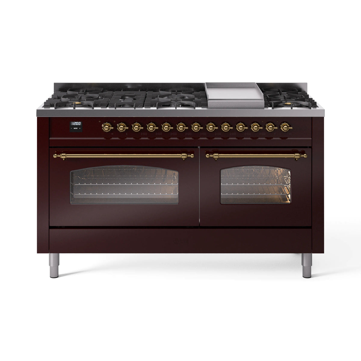 ILVE Nostalgie II 60-Inch Natural Gas Dual Fuel Range, 9 Burners, Griddle, Triple Glass Door, Burgundy with Brass Trim (UP60FNMPBUG)
