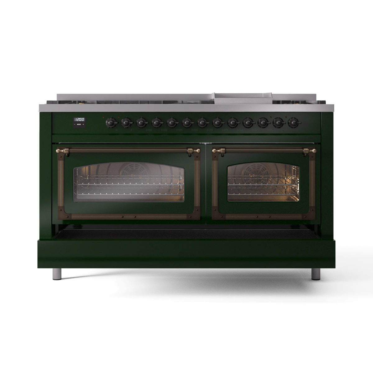 ILVE Nostalgie II Noblesse 60-Inch Propane Dual Fuel Range, 9 Burners, Triple Glass Door Oven, Emerald Green with Bronze Trim (UN60FNMPEGBLP)