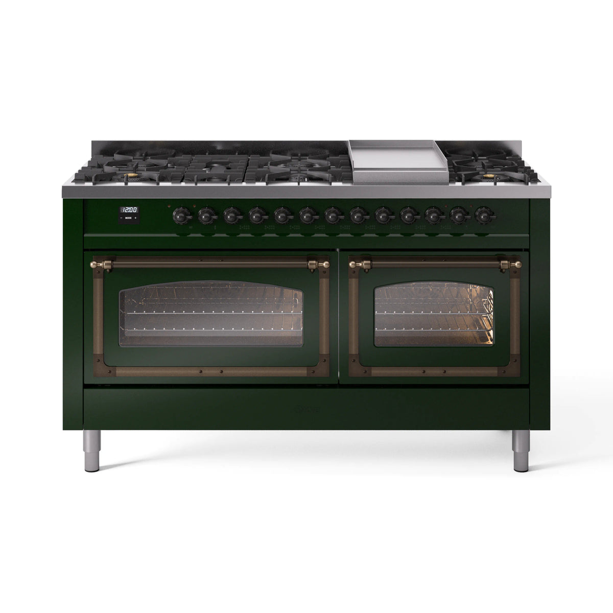 ILVE Nostalgie II Noblesse 60-Inch Propane Dual Fuel Range, 9 Burners, Triple Glass Door Oven, Emerald Green with Bronze Trim (UN60FNMPEGBLP)