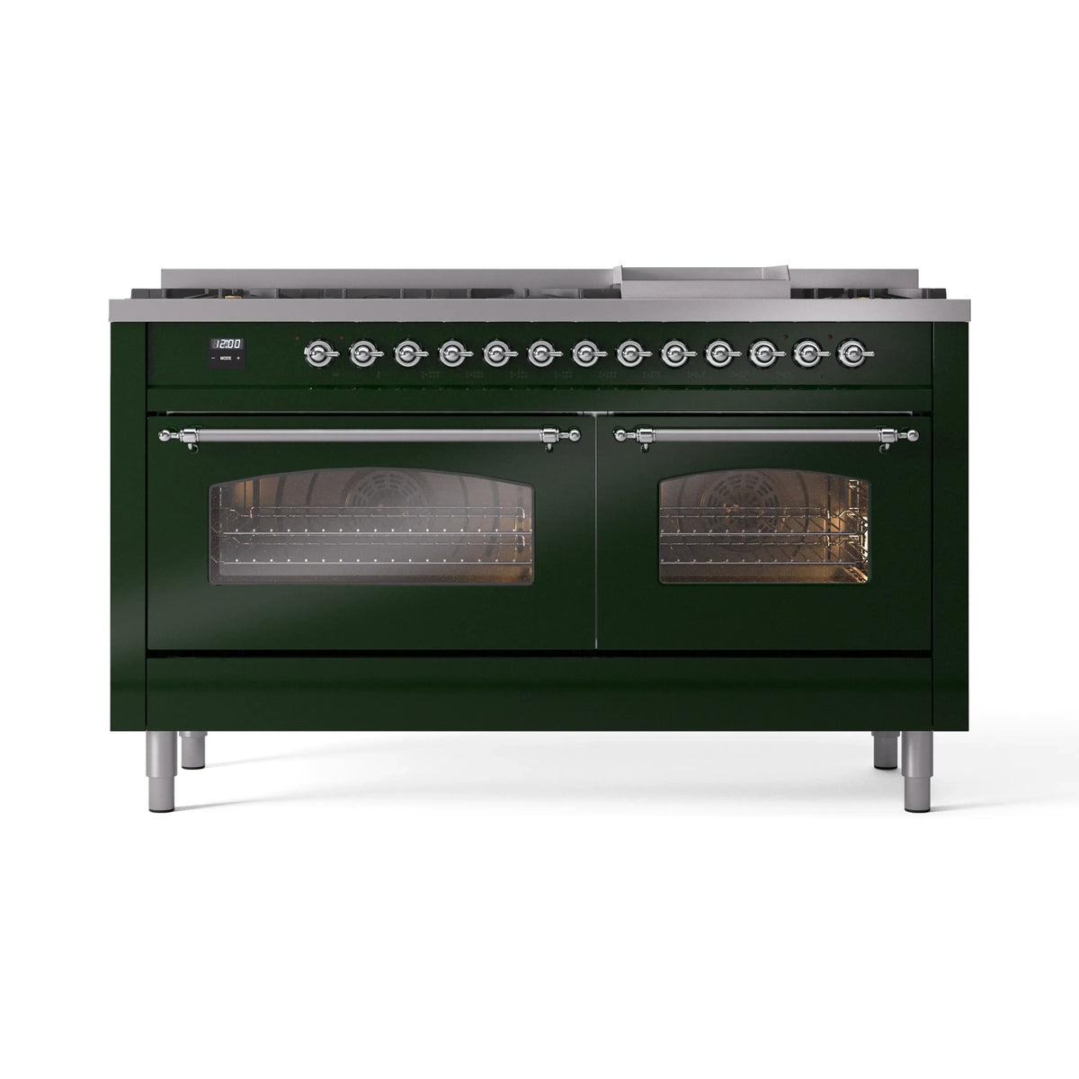 ILVE Nostalgie II 60-Inch Propane Dual Fuel Range, 9 Burners, Griddle, Glass Door Oven, Emerald Green with Chrome Trim (UP60FNMPEGCLP)