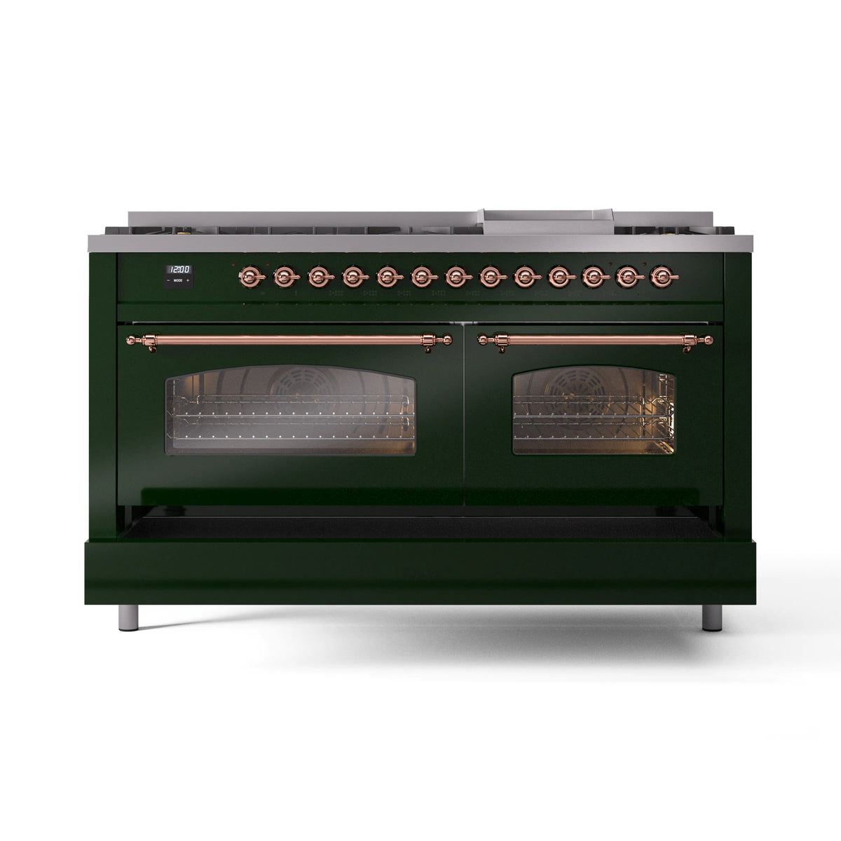 ILVE Nostalgie II 60-Inch Natural Gas Dual Fuel Range, 9 Burners, Griddle, Triple Glass Door, Emerald Green with Copper Trim (UP60FNMPEGP)