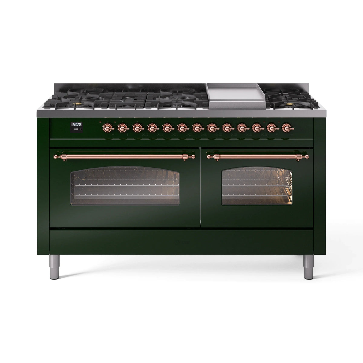 ILVE Nostalgie II 60-Inch Propane Dual Fuel Range, 9 Burners, Griddle, Glass Door Oven, Emerald Green with Copper Trim (UP60FNMPEGPLP)