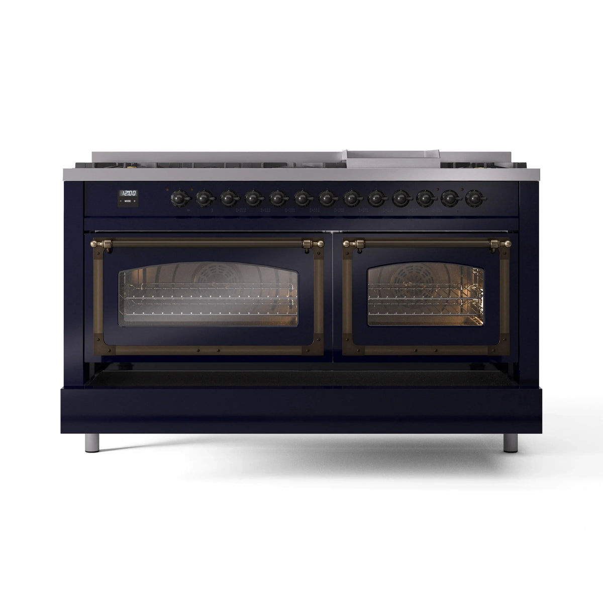 ILVE Nostalgie II Noblesse 60-Inch Natural Gas Dual Fuel Range, Midnight Blue with Burnished Bronze Trim (UN60FNMPMBB)