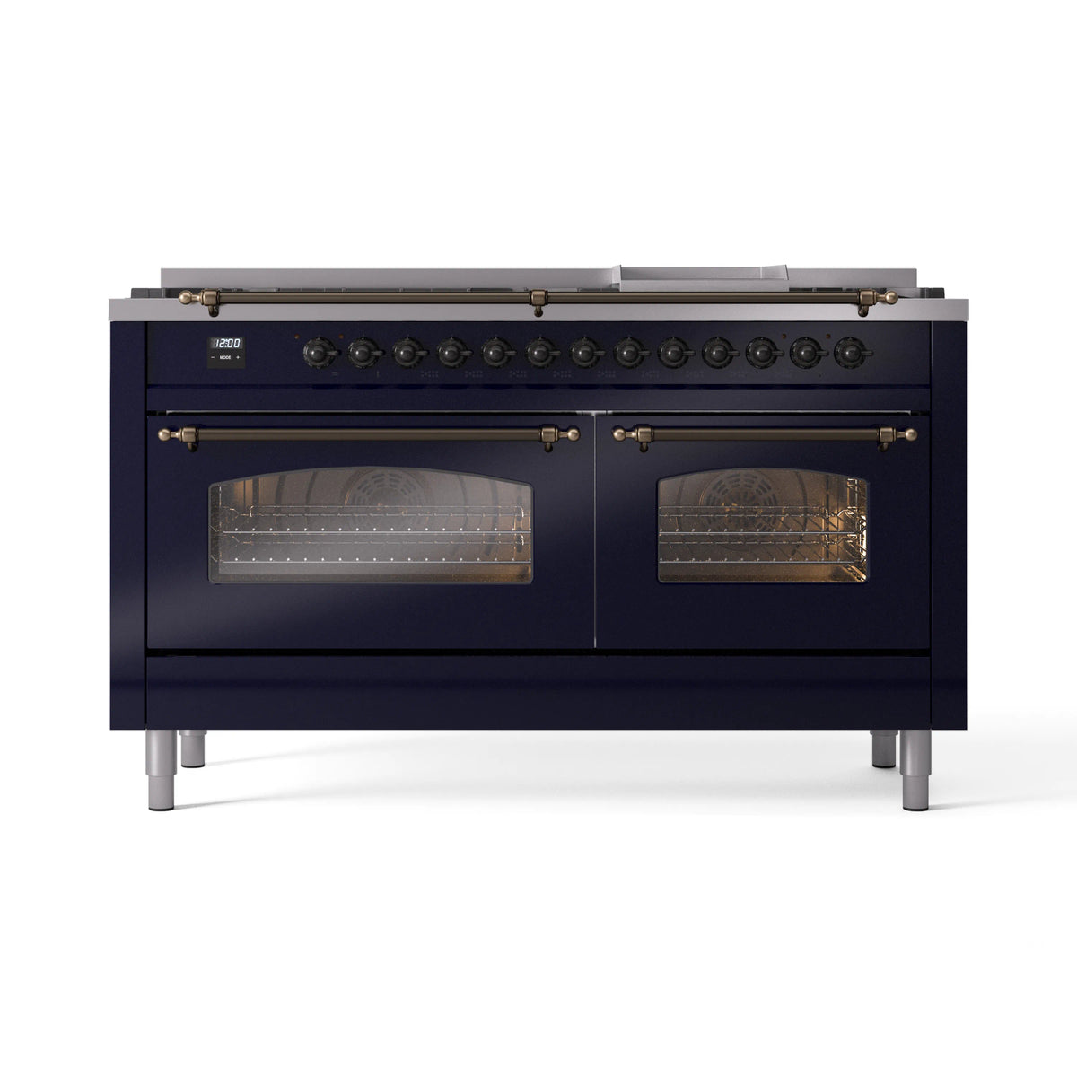 ILVE Nostalgie II 60-Inch Natural Gas Dual Fuel Range, 9 Burners, Griddle, Midnight Blue with Burnished Bronze Trim (UP60FNMPMBB)