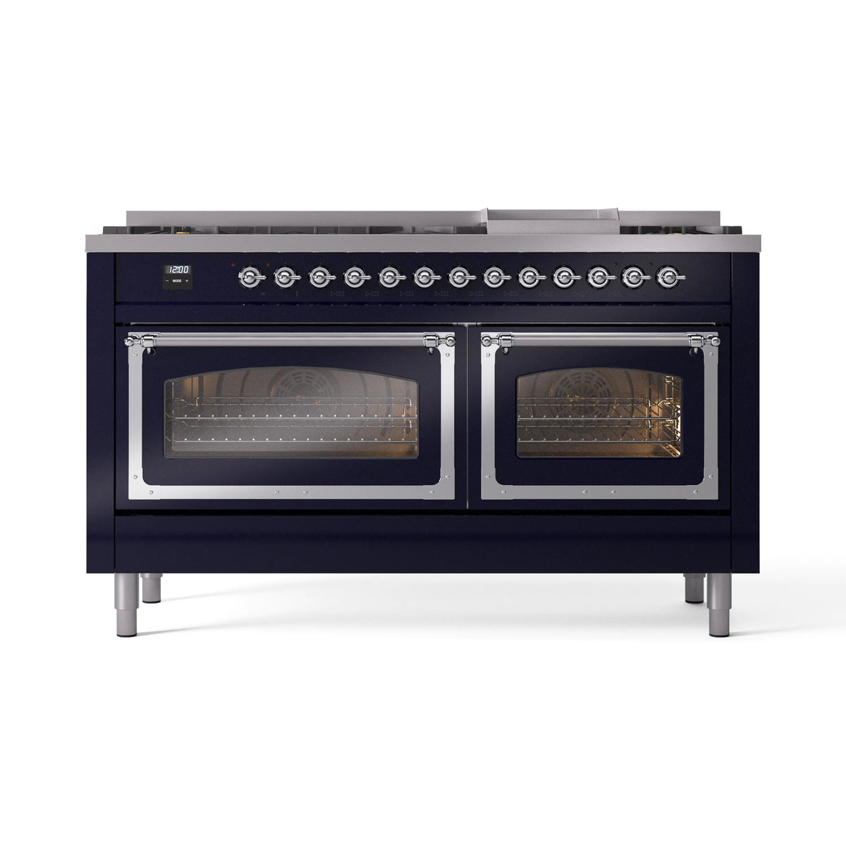 ILVE Nostalgie II Noblesse 60-Inch Propane Dual Fuel Range, 9 Burners, Triple Glass Door Oven, Midnight Blue with Chrome Trim (UN60FNMPMBCLP)