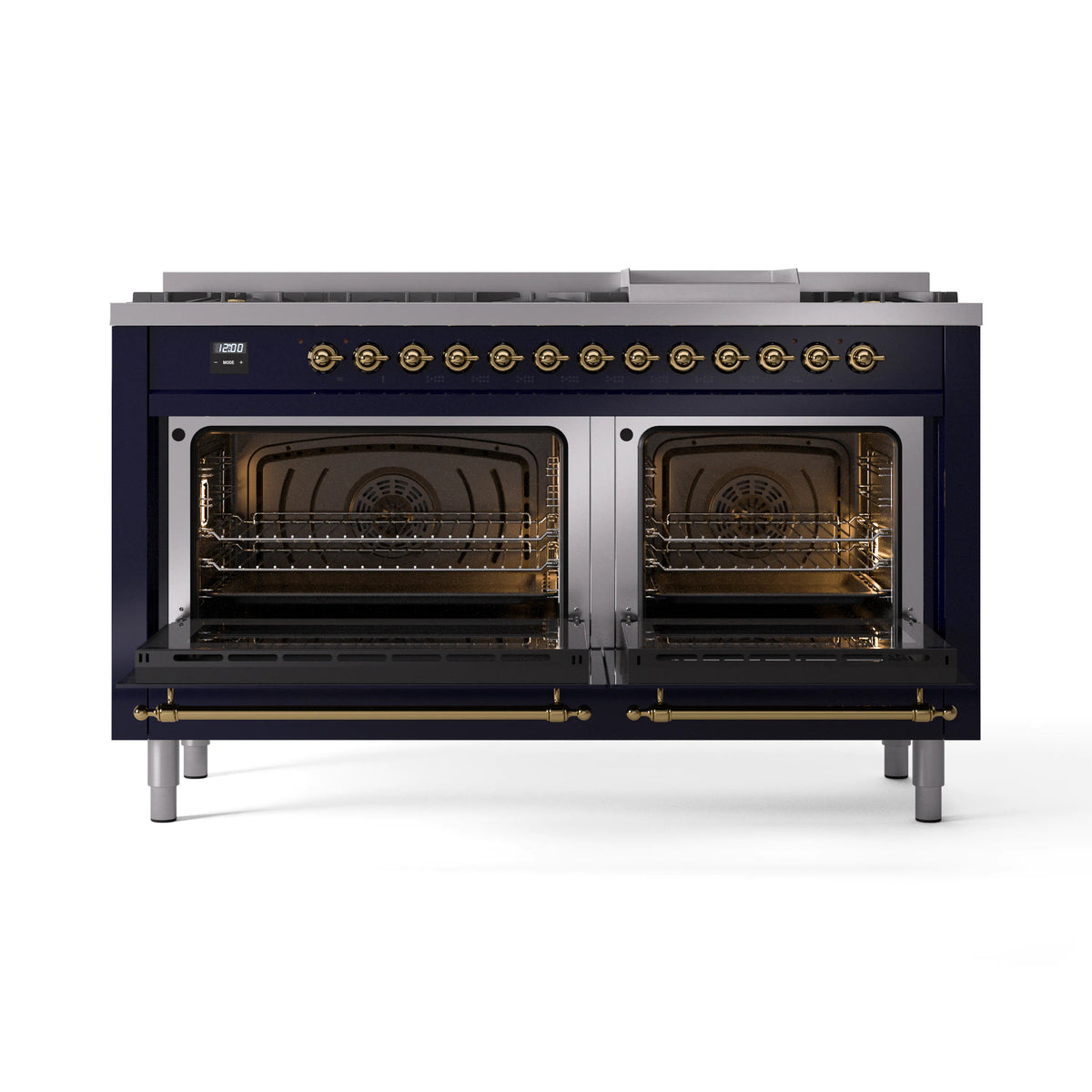 ILVE Nostalgie II 60-Inch Natural Gas Dual Fuel Range, 9 Burners, Griddle, Triple Glass Door, Midnight Blue with Brass Trim (UP60FNMPMBG)