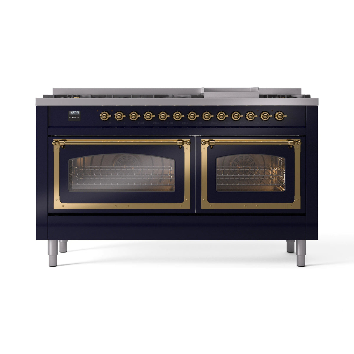 ILVE Nostalgie II Noblesse 60-Inch Propane Dual Fuel Range, 9 Burners, Triple Glass Door Oven, Midnight Blue with Brass Trim (UN60FNMPMBGLP)