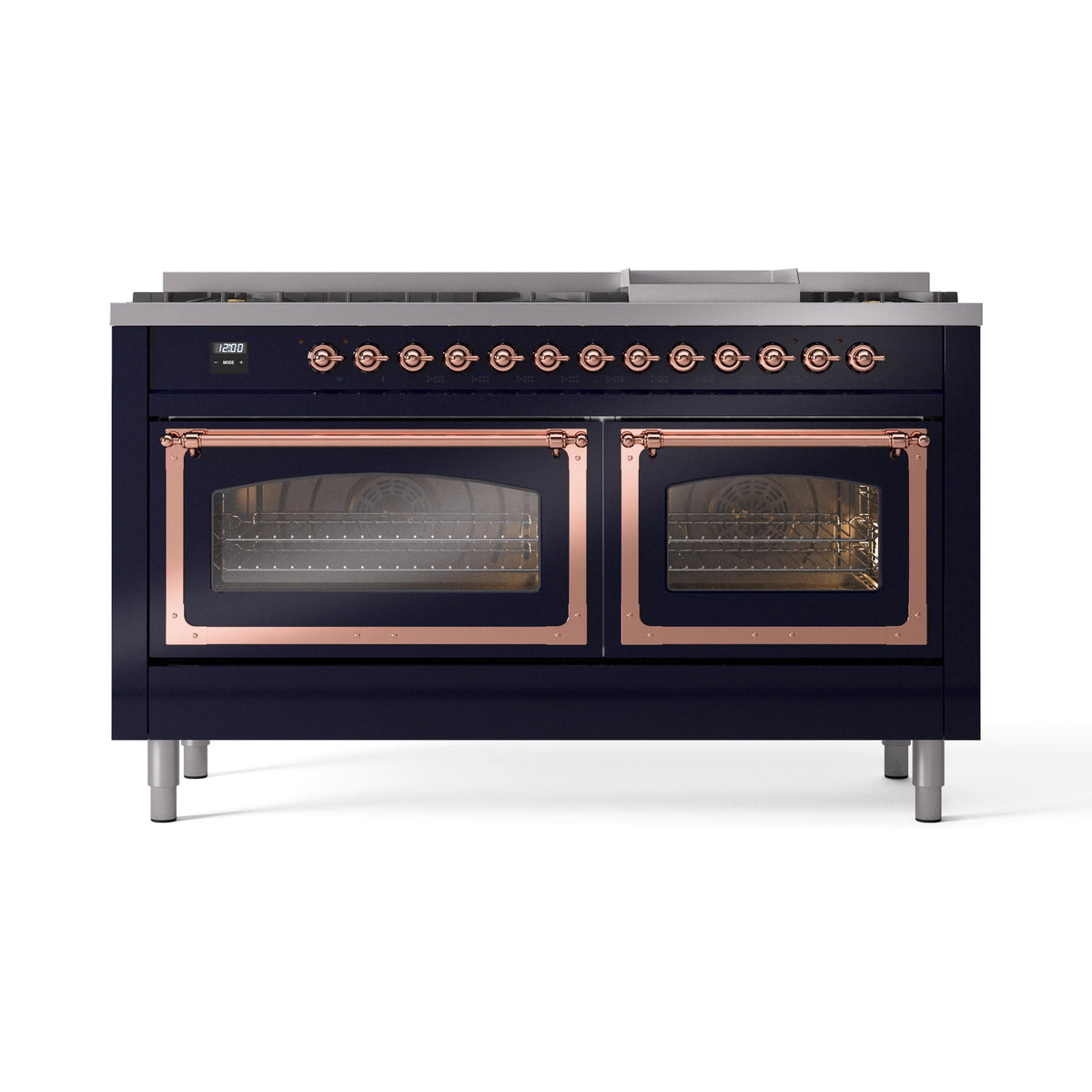 ILVE Nostalgie II Noblesse 60-Inch Propane Dual Fuel Range, 9 Burners, Triple Glass Door Oven, Midnight Blue with Copper Trim (UN60FNMPMBPLP)