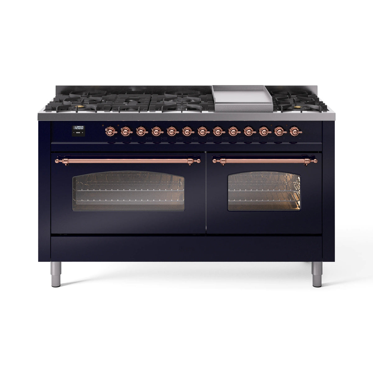ILVE Nostalgie II 60-Inch Natural Gas Dual Fuel Range, 9 Burners, Griddle, Triple Glass Door, Midnight Blue with Copper Trim (UP60FNMPMBP)