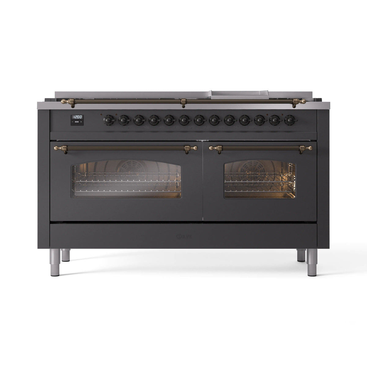 ILVE Nostalgie II 60-Inch Propane Dual Fuel Range, 9 Burners, Griddle, Glass Door Oven, Matte Graphite with Bronze Trim (UP60FNMPMGBLP)