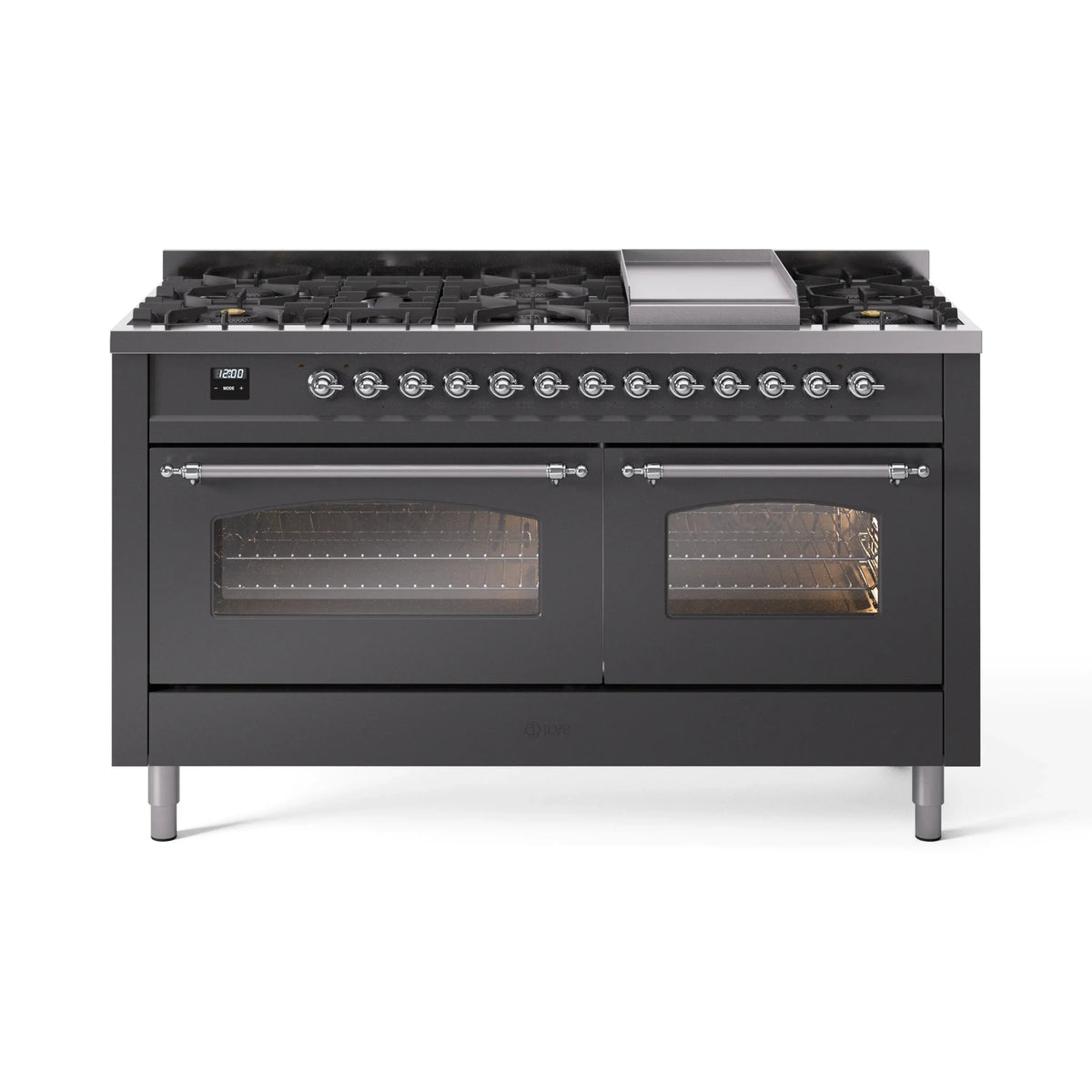 ILVE Nostalgie II 60-Inch Natural Gas Dual Fuel Range, 9 Burners, Griddle, Triple Glass Door, Matte Graphite with Chrome Trim (UP60FNMPMGC)