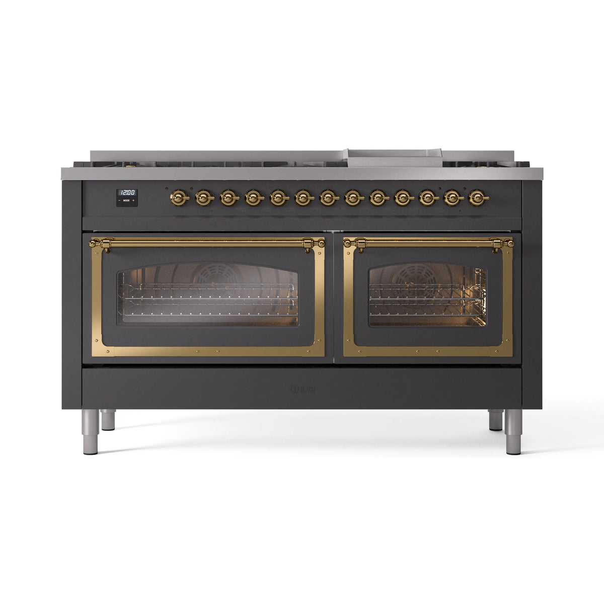 ILVE Nostalgie II Noblesse 60-Inch Propane Dual Fuel Range, 9 Burners, Triple Glass Door Oven, Matte Graphite with Brass Trim (UN60FNMPMGGLP)