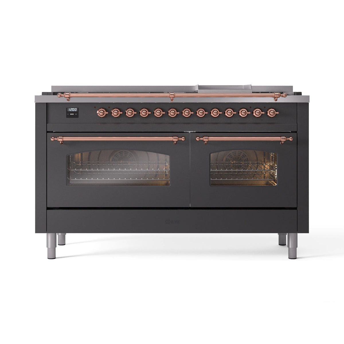 ILVE Nostalgie II 60-Inch Natural Gas Dual Fuel Range, 9 Burners, Griddle, Triple Glass Door, Matte Graphite with Copper Trim (UP60FNMPMGP)