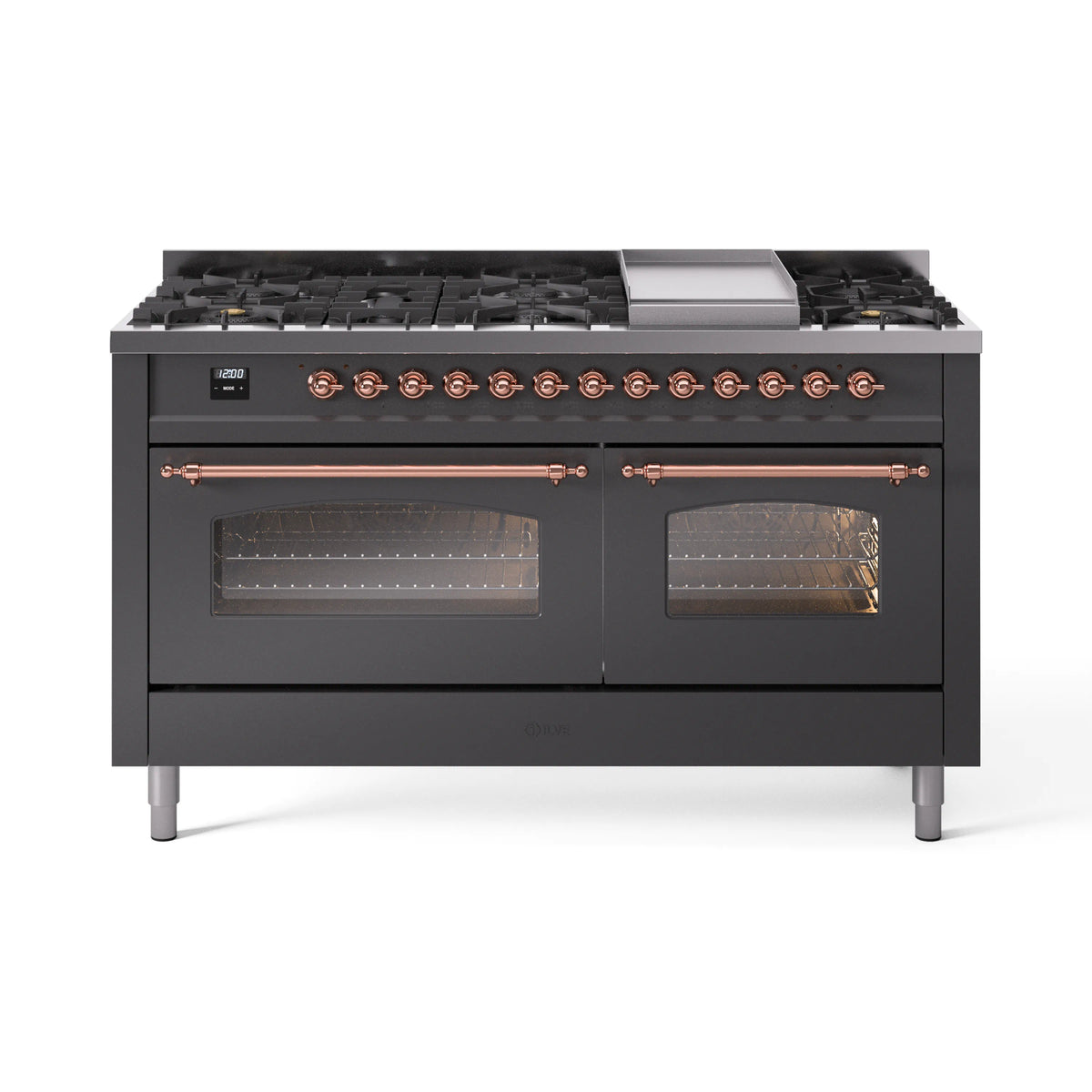 ILVE Nostalgie II 60-Inch Propane Dual Fuel Range, 9 Burners, Griddle, Glass Door Oven, Matte Graphite with Copper Trim (UP60FNMPMGPLP)