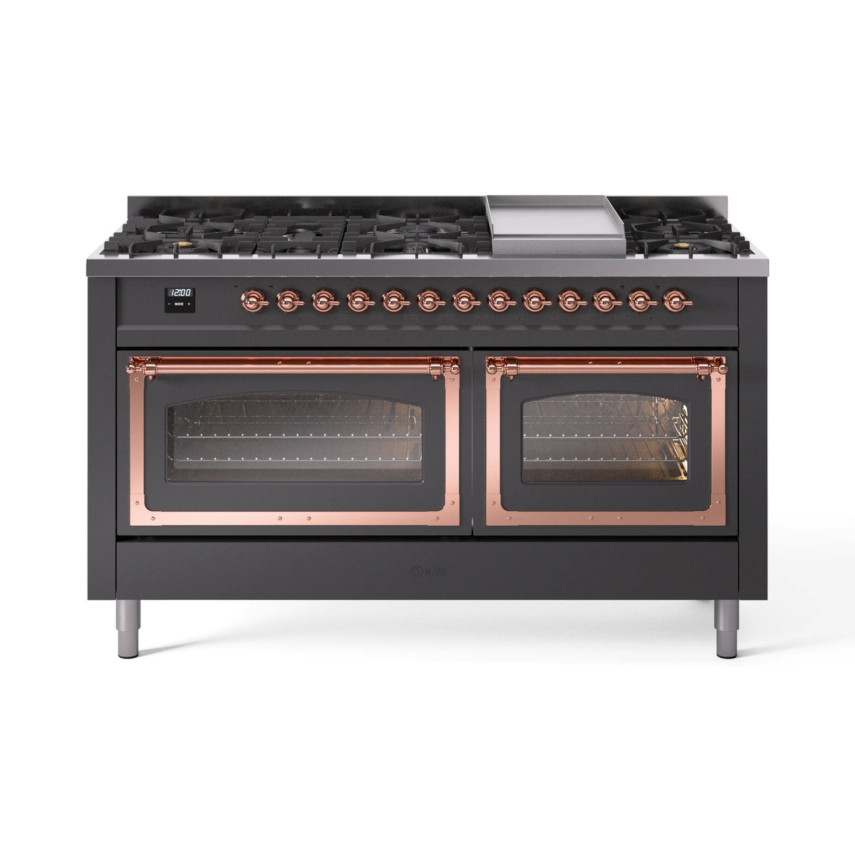 ILVE Nostalgie II Noblesse 60-Inch Natural Gas Dual Fuel Range, Matte Graphite with Copper Trim (UN60FNMPMGP)