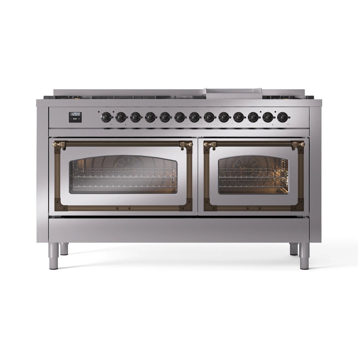 ILVE Nostalgie II Noblesse 60-Inch Propane Dual Fuel Range, 9 Burners, Triple Glass Door Oven, Stainless Steel with Bronze Trim (UN60FNMPSSBLP)