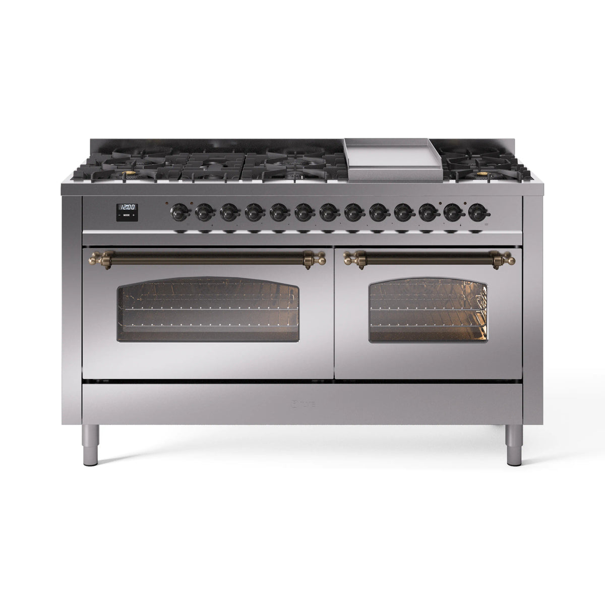 ILVE Nostalgie II 60-Inch Natural Gas Dual Fuel Range, 9 Burners, Griddle, Stainless Steel with Burnished Bronze Trim (UP60FNMPSSB)