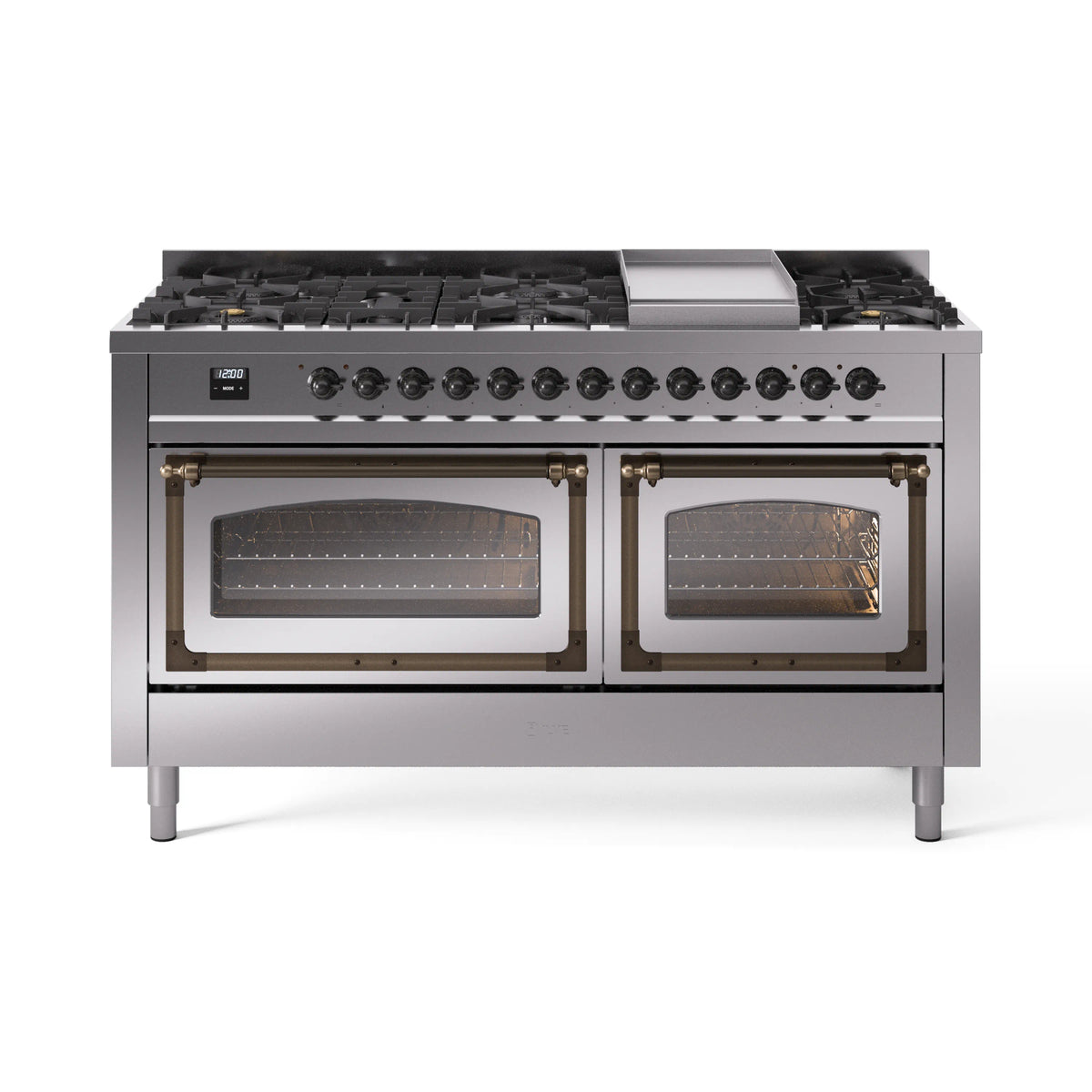 ILVE Nostalgie II Noblesse 60-Inch Natural Gas Dual Fuel Range, Stainless Steel with Burnished Bronze Trim (UN60FNMPSSB)