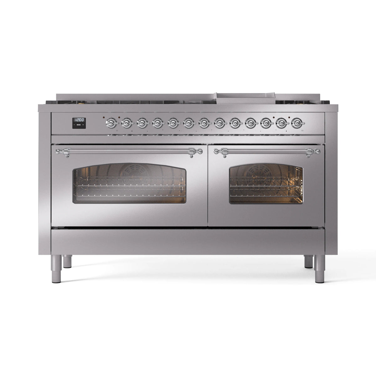 ILVE Nostalgie II 60-Inch Natural Gas Dual Fuel Range, 9 Burners, Griddle, Triple Glass Door, Stainless Steel with Chrome Trim (UP60FNMPSSC)