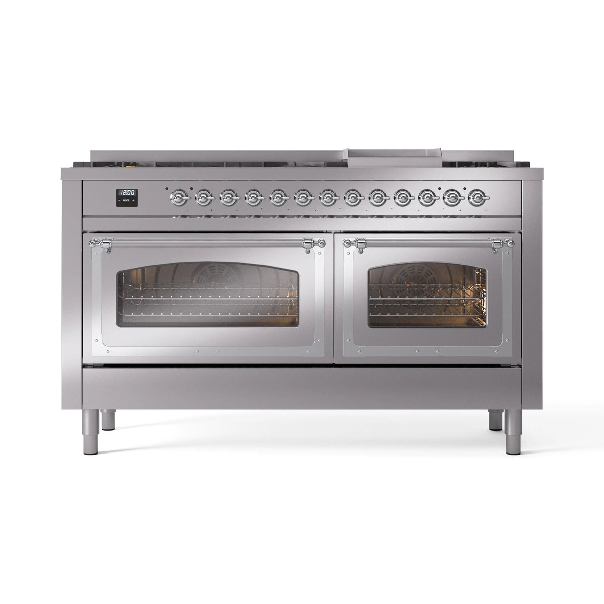 ILVE Nostalgie II Noblesse 60-Inch Dual Fuel Range, 9 Burners, Griddle, Triple Glass Door, Stainless Steel with Chrome Trim (UN60FNMPSSC)