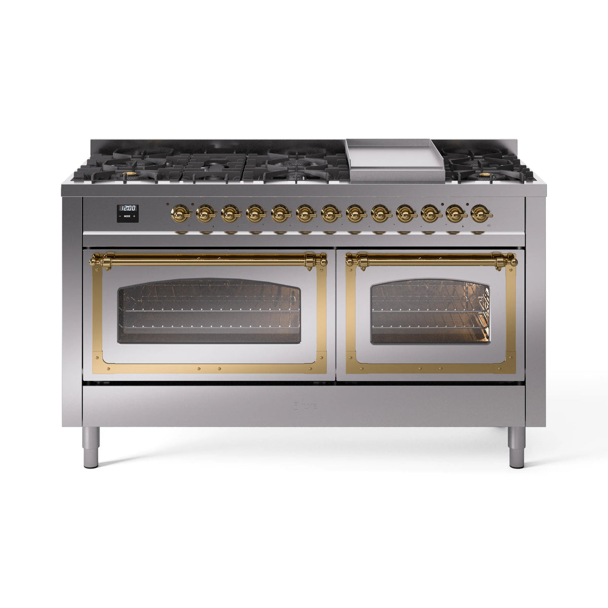 ILVE Nostalgie II Noblesse 60-Inch Propane Dual Fuel Range, 9 Burners, Triple Glass Door Oven, Stainless Steel with Brass Trim (UN60FNMPSSGLP)