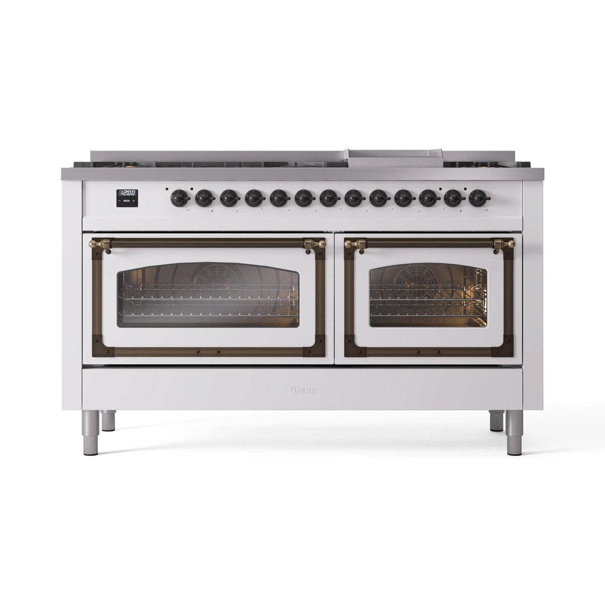 ILVE Nostalgie II Noblesse 60-Inch Propane Dual Fuel Range, 9 Burners, Triple Glass Door Oven, White with Bronze Trim (UN60FNMPWHBLP)