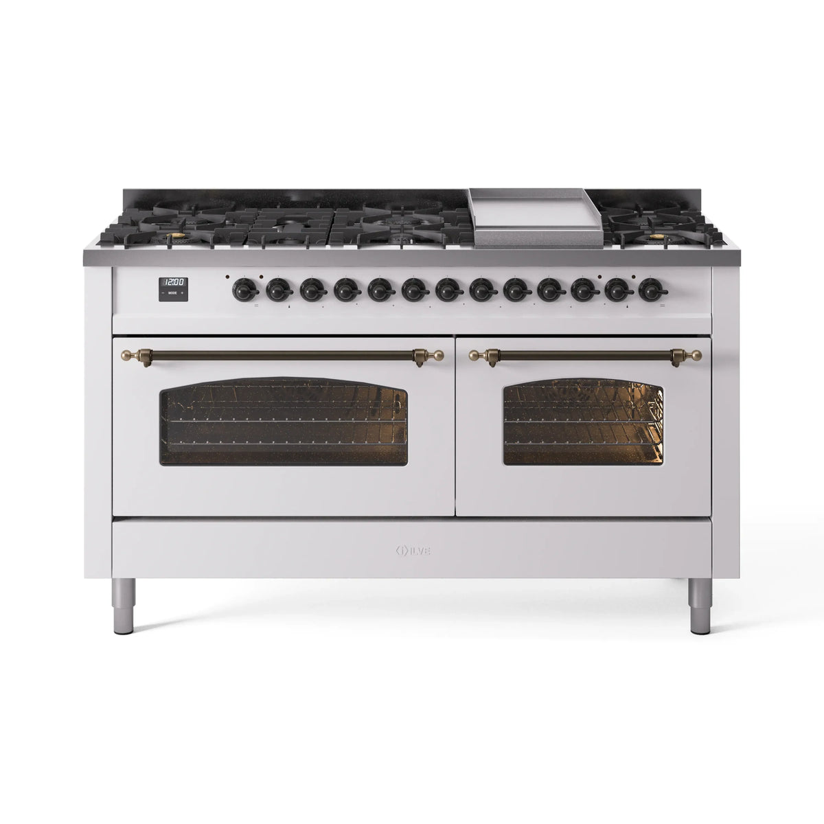 ILVE Nostalgie II 60-Inch Propane Dual Fuel Range, 9 Burners, Griddle, Glass Door Oven, White with Bronze Trim (UP60FNMPWHBLP)
