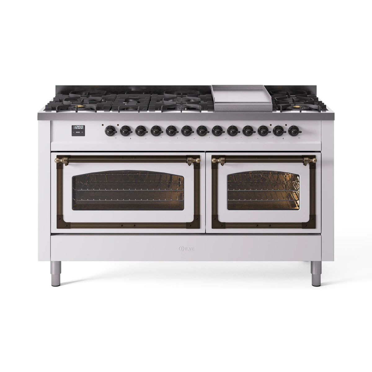 ILVE Nostalgie II Noblesse 60-Inch Propane Dual Fuel Range, 9 Burners, Triple Glass Door Oven, White with Bronze Trim (UN60FNMPWHBLP)