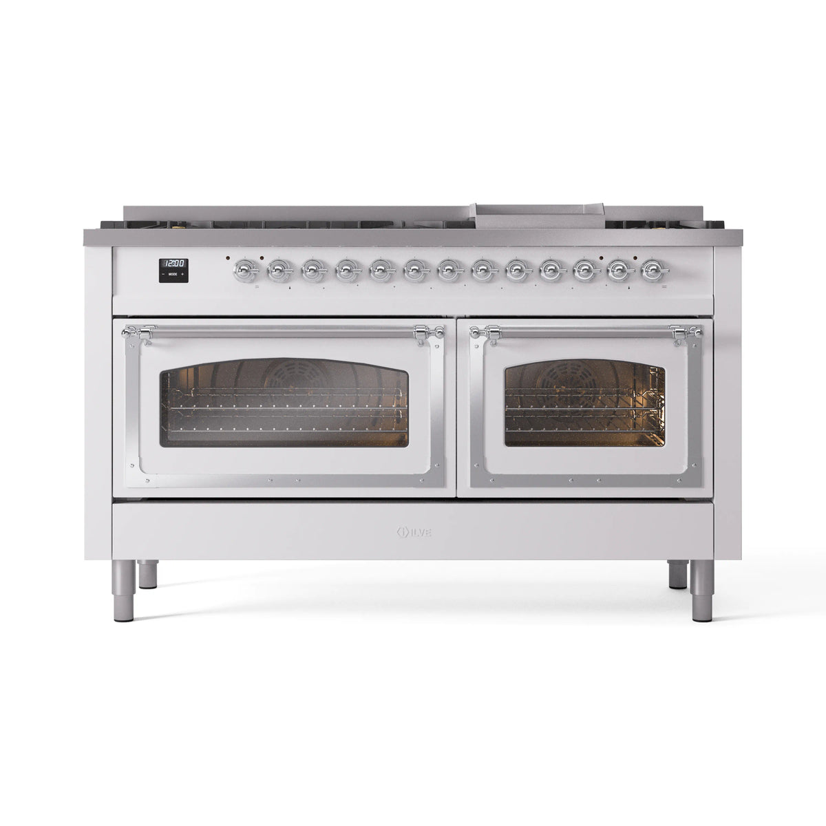 ILVE Nostalgie II Noblesse 60-Inch Propane Dual Fuel Range, 9 Burners, Triple Glass Door Oven, White with Chrome Trim (UN60FNMPWHCLP)