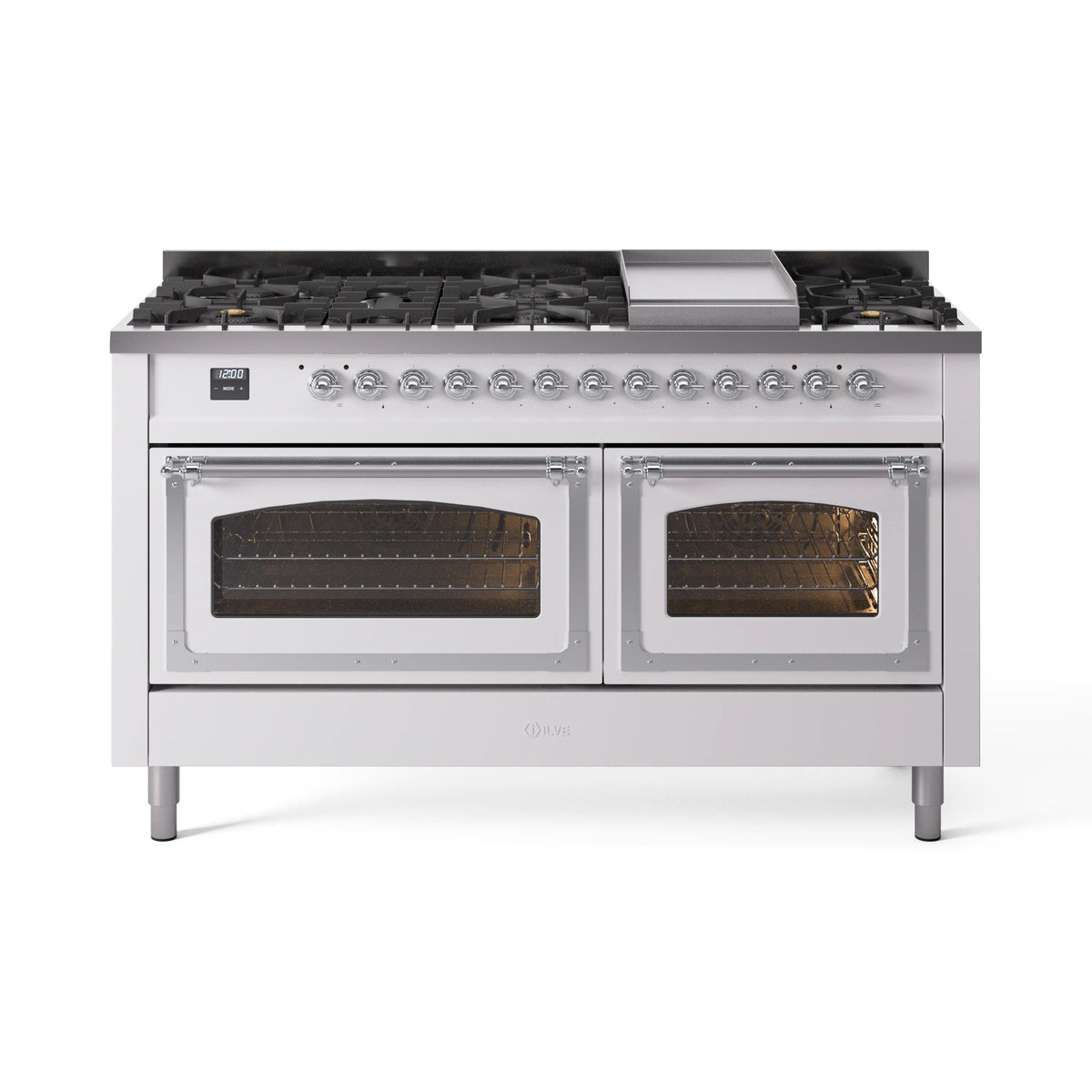 ILVE Nostalgie II Noblesse 60-Inch Natural Gas Dual Fuel Range, White with Chrome Trim (UN60FNMPWHC)