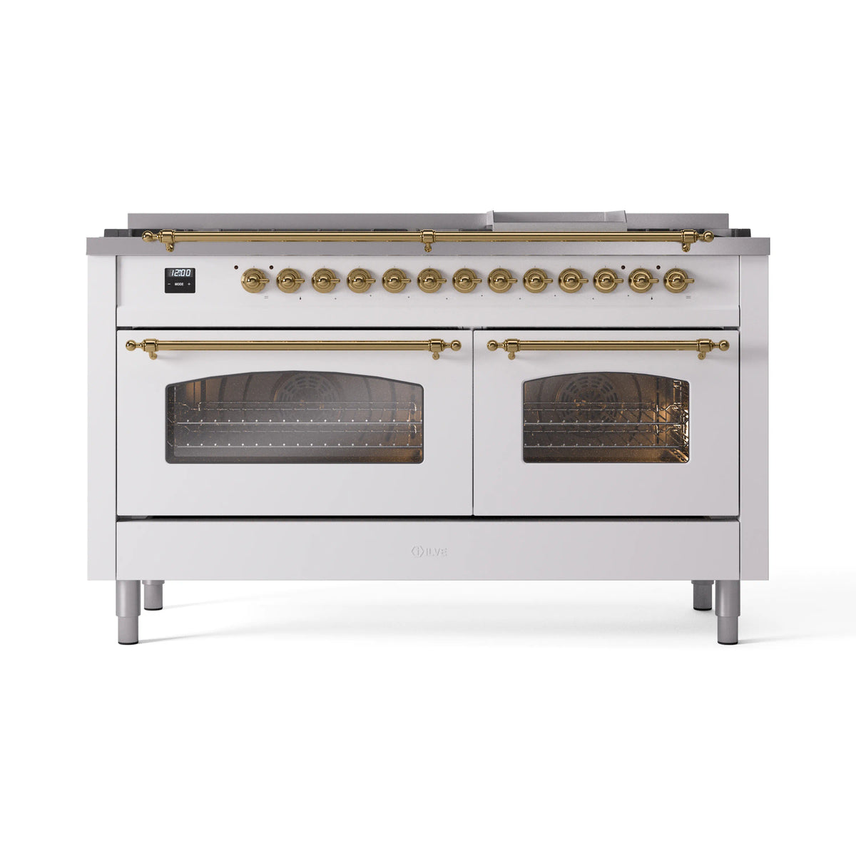 ILVE Nostalgie II 60-Inch Propane Dual Fuel Range, 9 Burners, Griddle, Triple Glass Door Oven, White with Brass Trim (UP60FNMPWHGLP)