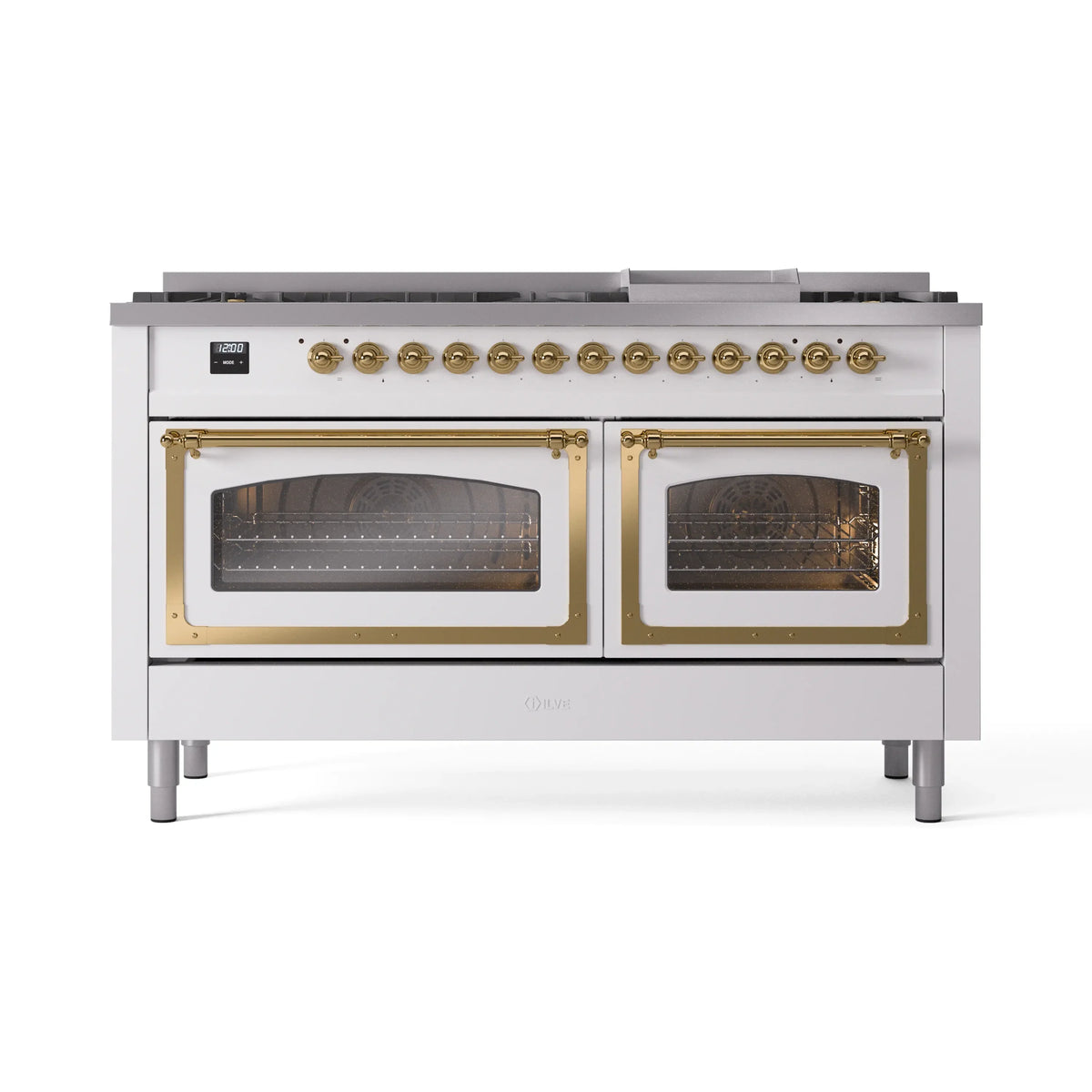 ILVE Nostalgie II Noblesse 60-Inch Natural Gas Dual Fuel Range, White with Brass Trim (UN60FNMPWHG)