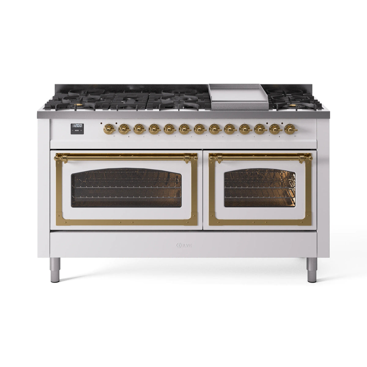 ILVE Nostalgie II Noblesse 60-Inch Propane Dual Fuel Range, 9 Burners, Triple Glass Door Oven, White with Brass Trim (UN60FNMPWHGLP)