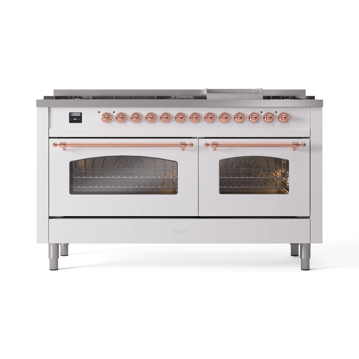 ILVE Nostalgie II 60-Inch Natural Gas Dual Fuel Range, 9 Burners, Griddle, Triple Glass Door, White with Copper Trim (UP60FNMPWHP)