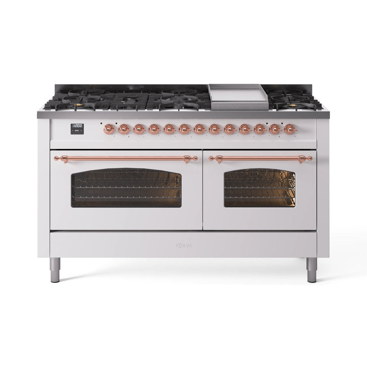 ILVE Nostalgie II 60-Inch Propane Dual Fuel Range, 9 Burners, Griddle, Triple Glass Door Oven, White with Copper Trim (UP60FNMPWHPLP)