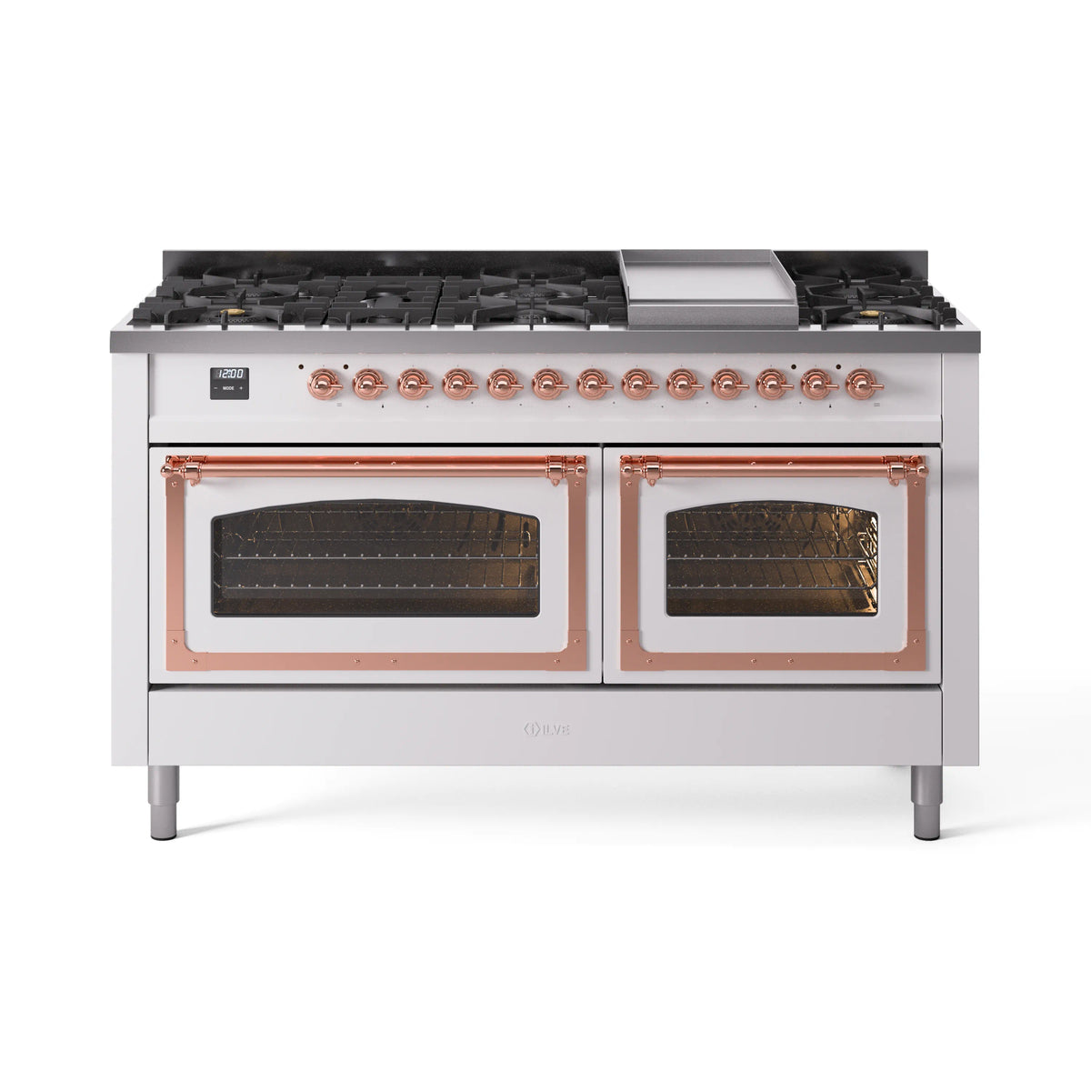 ILVE Nostalgie II Noblesse 60-Inch Propane Dual Fuel Range, 9 Burners, Triple Glass Door Oven, White with Copper Trim (UN60FNMPWHPLP)