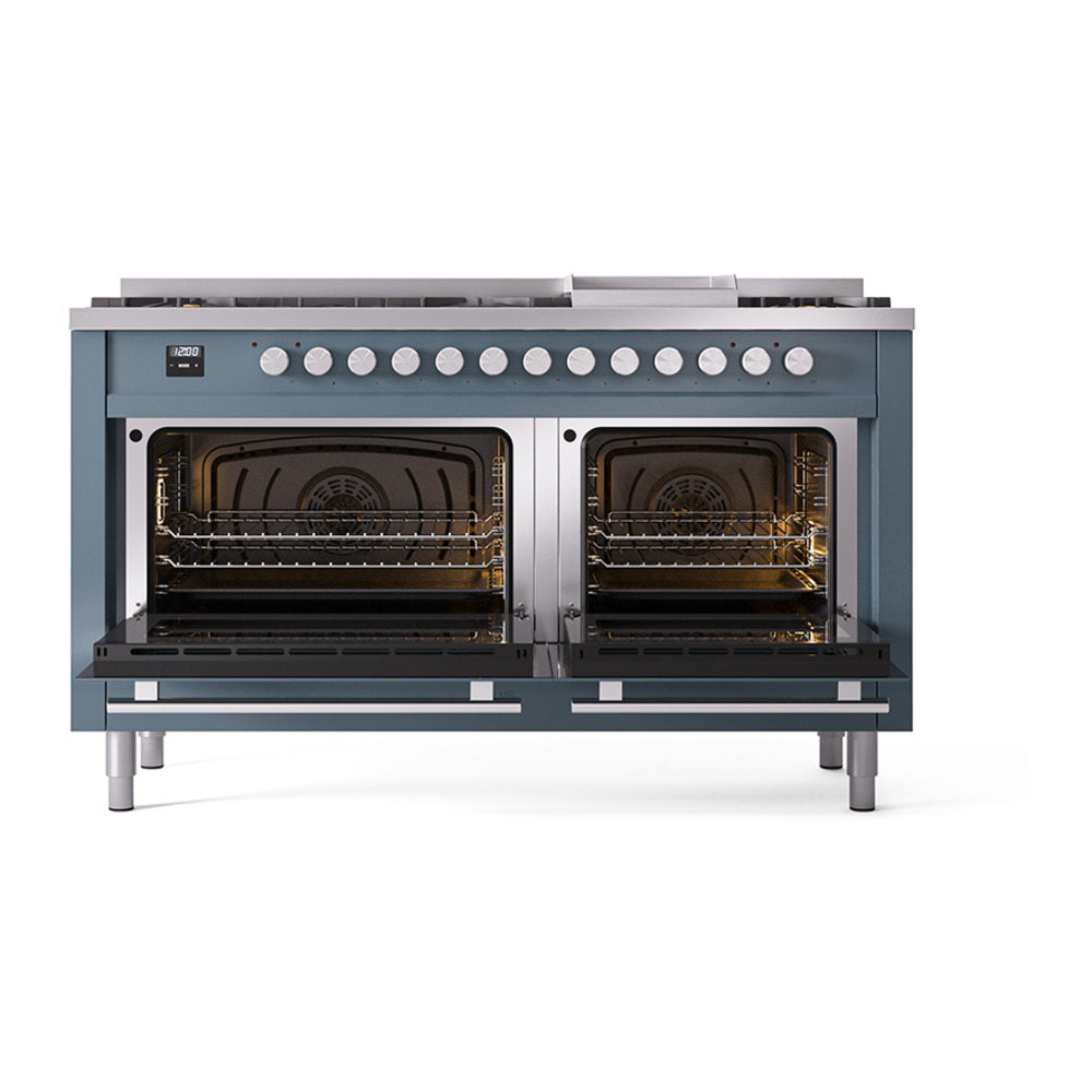 ILVE Professional Plus II 60-Inch Propane Dual Fuel Range, 9 Burners, Griddle, Solid Door Oven, Blue Grey (UP60FQMPBGLP)