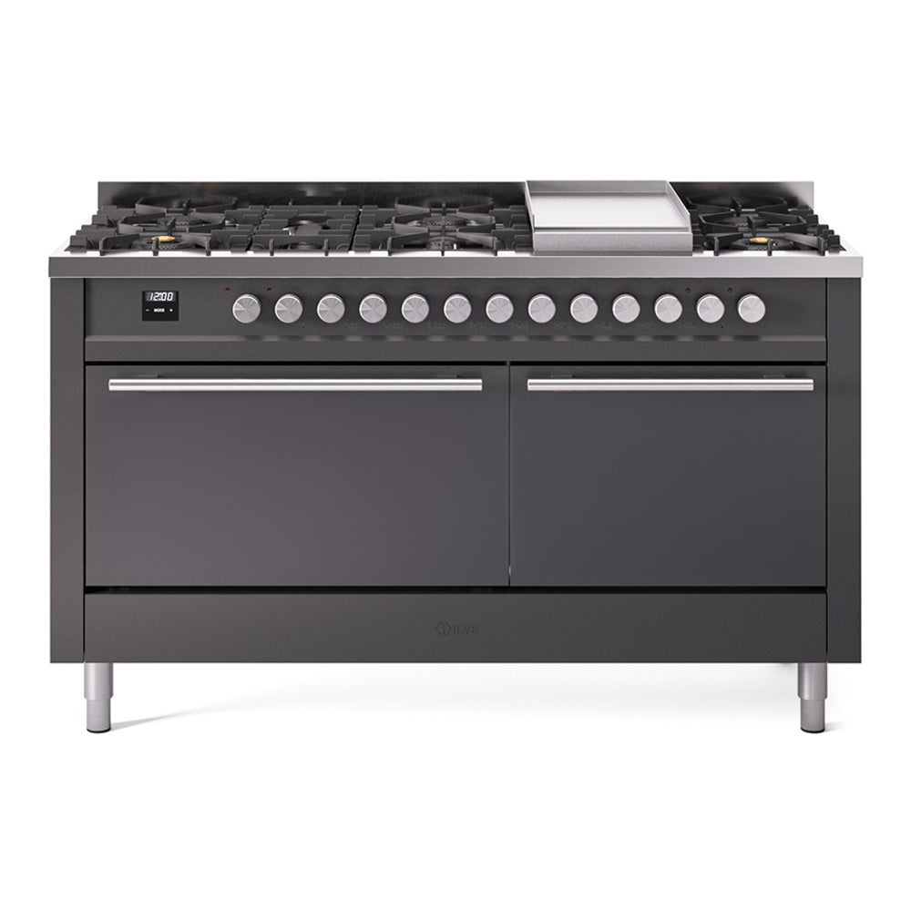 ILVE Professional Plus II 60-Inch Propane Dual Fuel Range, 9 Burners, Griddle, Solid Door Oven, Matte Graphite (UP60FQMPMGLP)