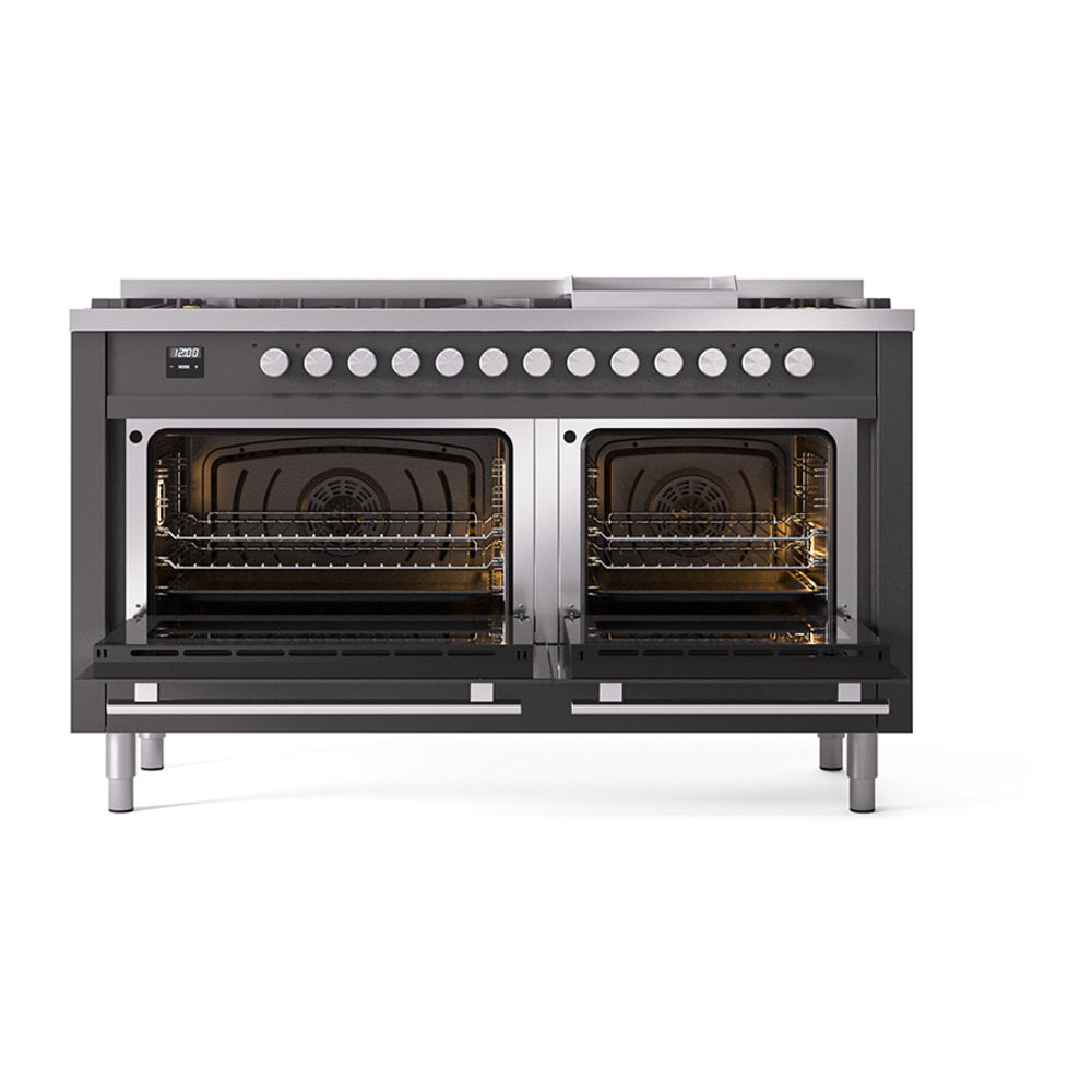 ILVE Professional Plus II 60-Inch Propane Dual Fuel Range, 9 Burners, Griddle, Solid Door Oven, Matte Graphite (UP60FQMPMGLP)