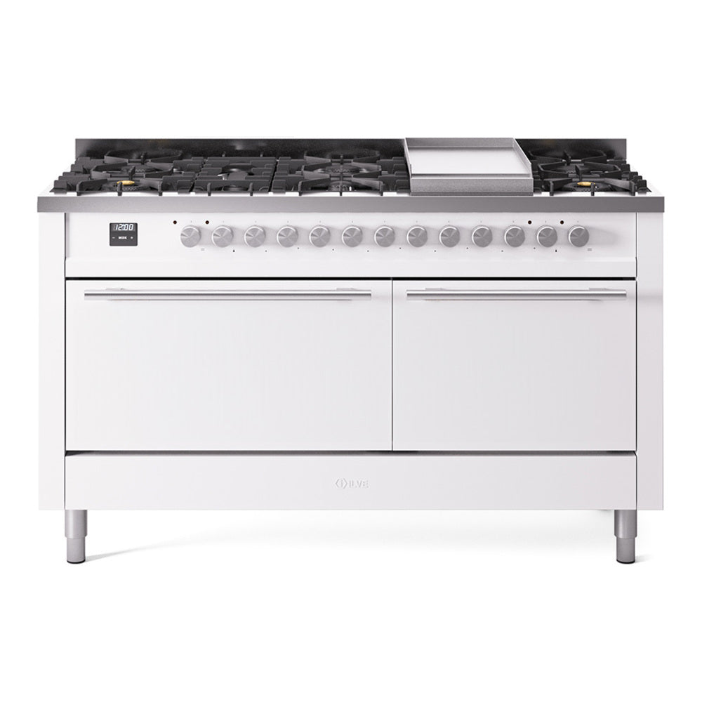 ILVE Professional Plus II 60-Inch Natural Gas Dual Fuel Range, 9 Burners, Griddle, Solid Door Oven, White (UP60FQMPWH)