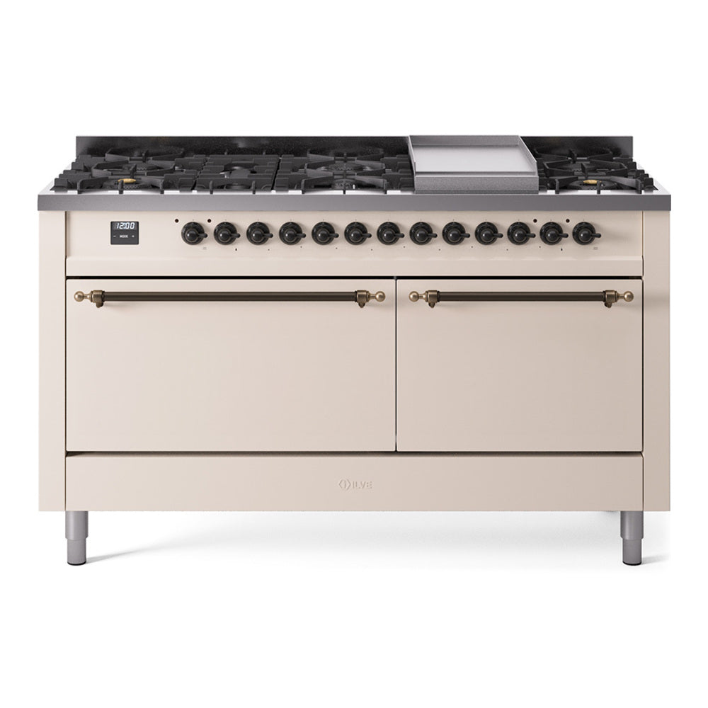 ILVE Nostalgie II 60-Inch Propane Dual Fuel Range, 9 Burners, Griddle, Solid Door Oven, Antique White with Bronze Trim (UP60FQNMPAWBLP)
