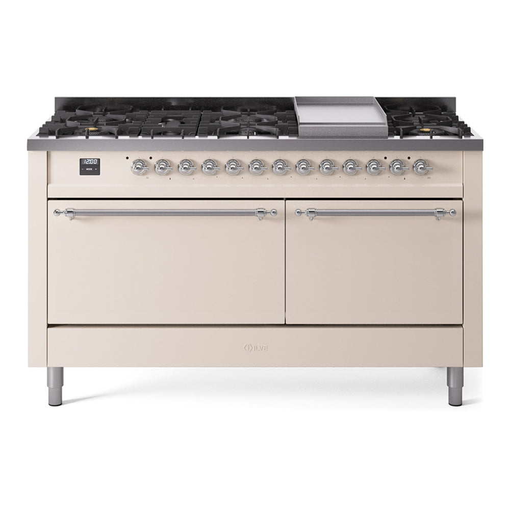 ILVE Nostalgie II 60-Inch Propane Dual Fuel Range, 9 Burners, Griddle, Solid Door Oven, Antique White with Chrome Trim (UP60FQNMPAWCLP)