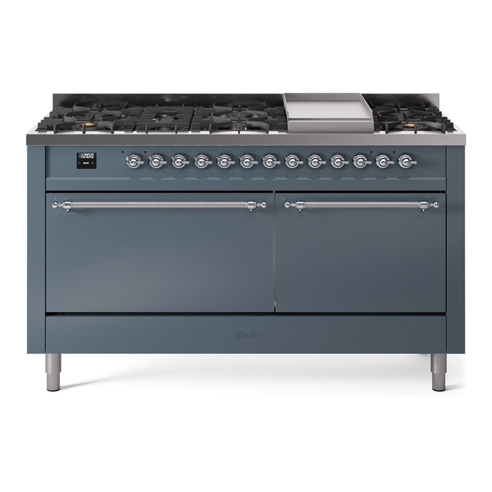 ILVE Nostalgie II 60-Inch Propane Dual Fuel Range, 9 Burners, Griddle, Solid Door Oven, Blue Grey with Chrome Trim (UP60FQNMPBGCLP)