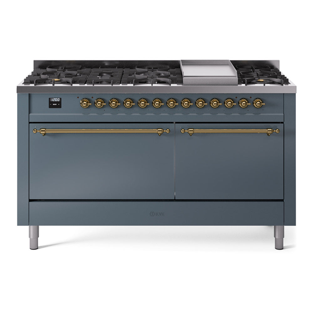 ILVE Nostalgie II 60-Inch Natural Gas Dual Fuel Range, 9 Burners, Griddle, Solid Door, Blue Grey with Brass Trim (UP60FQNMPBGG)
