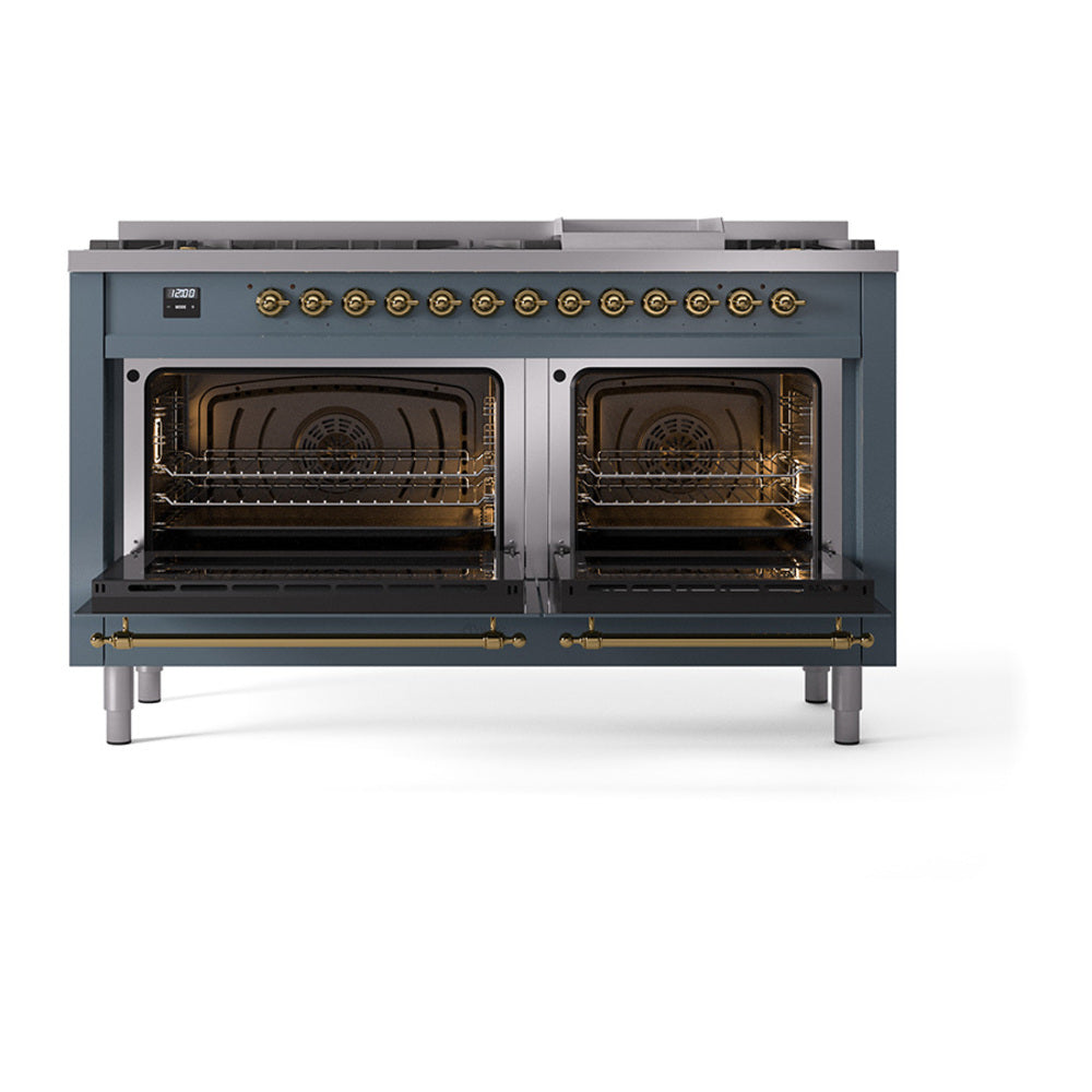 ILVE Nostalgie II 60-Inch Natural Gas Dual Fuel Range, 9 Burners, Griddle, Solid Door, Blue Grey with Brass Trim (UP60FQNMPBGG)