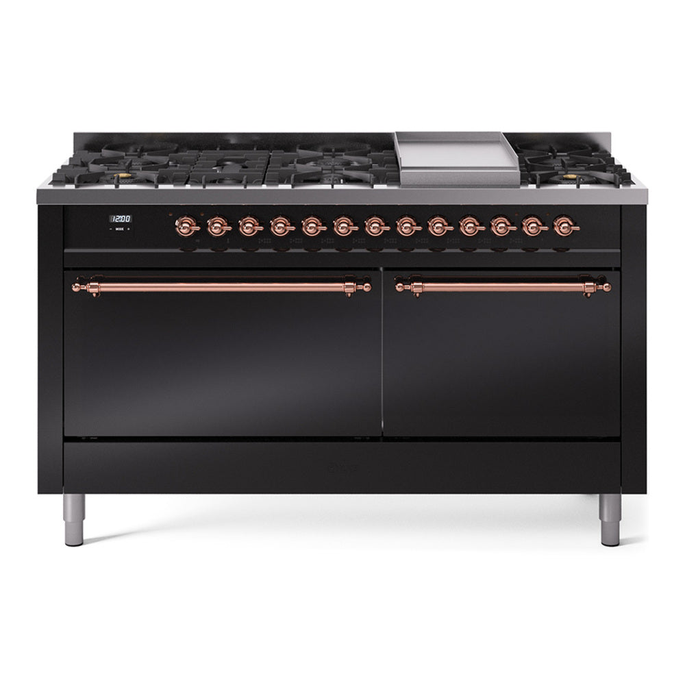 ILVE Nostalgie II 60-Inch Natural Gas Dual Fuel Range, 9 Burners, Griddle, Solid Door, Glossy Black with Copper Trim (UP60FQNMPBKP)