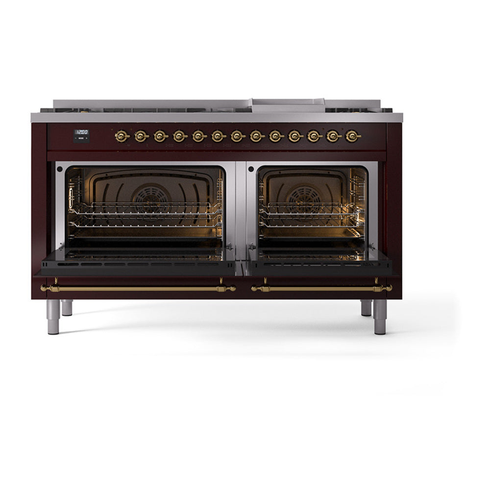 ILVE Nostalgie II 60-Inch Natural Gas Dual Fuel Range, 9 Burners, Griddle, Solid Door, Burgundy with Brass Trim (UP60FQNMPBUG)