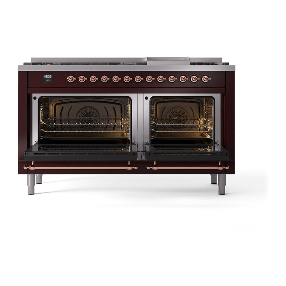 ILVE Nostalgie II 60-Inch Propane Dual Fuel Range, 9 Burners, Griddle, Solid Door Oven, Burgundy with Copper Trim (UP60FQNMPBUPLP)