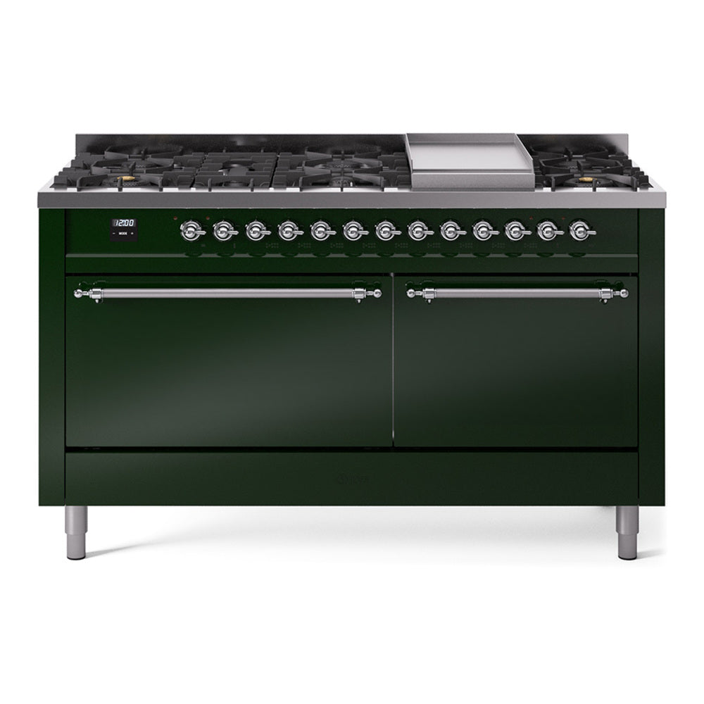 ILVE Nostalgie II 60-Inch Natural Gas Dual Fuel Range, 9 Burners, Griddle, Solid Door, Emerald Green with Chrome Trim (UP60FQNMPEGC)